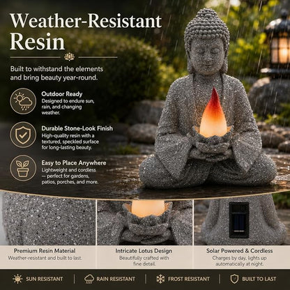 olar Garden Buddha Statue with Lotus Flame Light, Zen Resin Outdoor Decorations for Patio Yard Lawn Porch, Meditation Garden Decor Gifts for Housewarming Mom Women