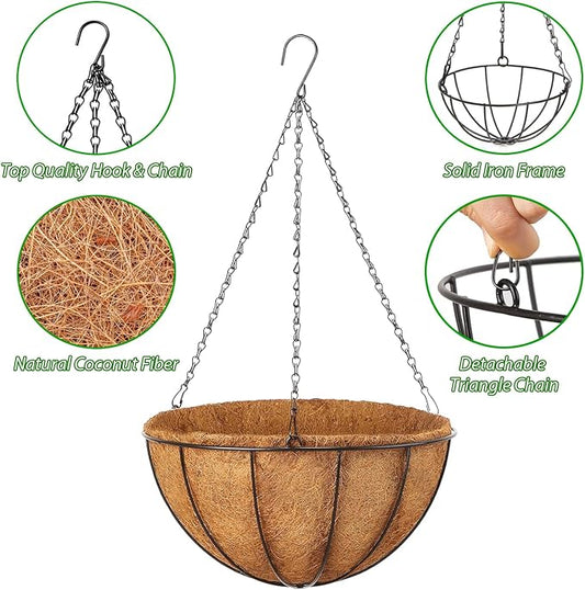 LCHUANG Hanging Baskets Planter for Plants - 4 Pack 10 Inch Metal Baskets with Coco Coir Liner, Hanging Flower Pots for Outside with Chain, Indoor Outdoor Garden Porch Decoration (10'' Pack of 4)