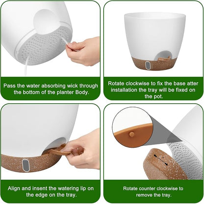 QRRICA Plant Pots 8/7/6.5/6/5.5/5 Inch Self Watering Pots, with Drainage Holes and Saucers,Water Level Indicator & Deep Reservoir,Large Plastic Planter for Indoor Out Door Plants (White)