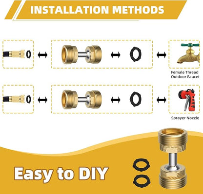 2 Pack Swivel All-Metal Garden Hose Adapter, 3/4" GHT Hose Protector, Male | Solid Brass, Double Male Thread, Flexible Pipe Kink Protector, Dual 65° Big Rotation at Both Ends, Outdoor Faucet Connector