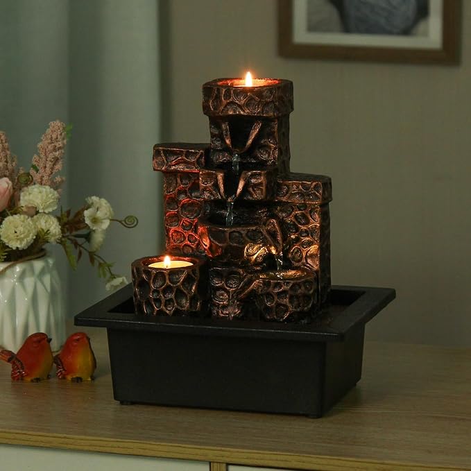 Water Fountain Indoor Moon Themed Tabletop Water Fountain with Candles Holes for Home Decor Meditation (Moon)