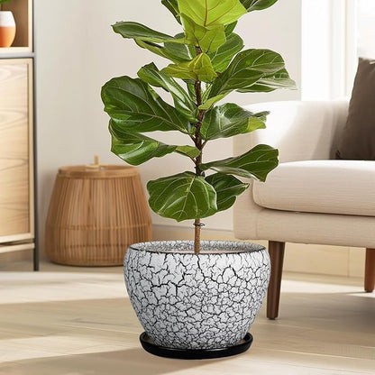Ceramicfor Ceramic Planters for Indoor Plants - 10 Inch Plant Pot with Drainage Hole and Saucer, Large Flower Pot for Home Decor, White/Black