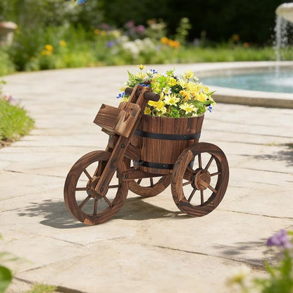 kinbor Outdoor Planters - Rustic Barrel Planter, Wooden Wagon Tricycle Planters for Outdoor Plants