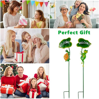 2Pack Frog Decorative Garden Stakes,Metal Tortoise Yard Art Decor for Outside Decor,Spring Outdoor Decor for Pathway,Lawn,Patio,Yard