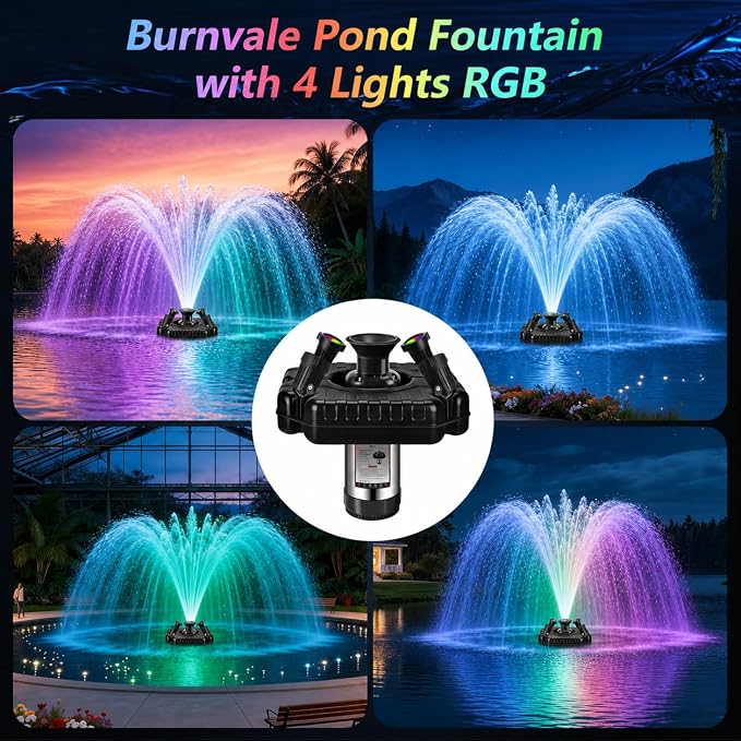 Pond Fountain Aerator, 1HP 110V 750W Floating Pond Fountain, With4 RGB Lights，100 FT Power Cord，Waterproof Timer，2x100 FT Traction Rope，Floating Water Fountains for Ponds