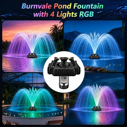 Pond Fountain Aerator, 1HP 110V 750W Floating Pond Fountain, With4 RGB Lights，100 FT Power Cord，Waterproof Timer，2x100 FT Traction Rope，Floating Water Fountains for Ponds