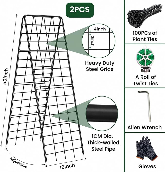 A-Frame Cucumber Trellis for Raised Bed, 50"x 16" Adjustable Heavy Duty Metal Garden Trellis for Climbing Plants Outdoor, Plant Support for Tomatoes Pea Bean Grape Vining Vegetables (2 Pack)