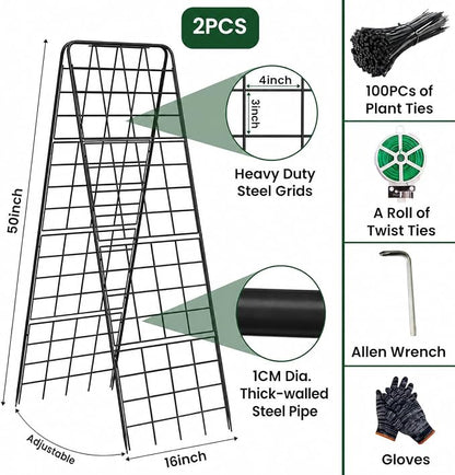 A-Frame Cucumber Trellis for Raised Bed, 50"x 16" Adjustable Heavy Duty Metal Garden Trellis for Climbing Plants Outdoor, Plant Support for Tomatoes Pea Bean Grape Vining Vegetables (2 Pack)