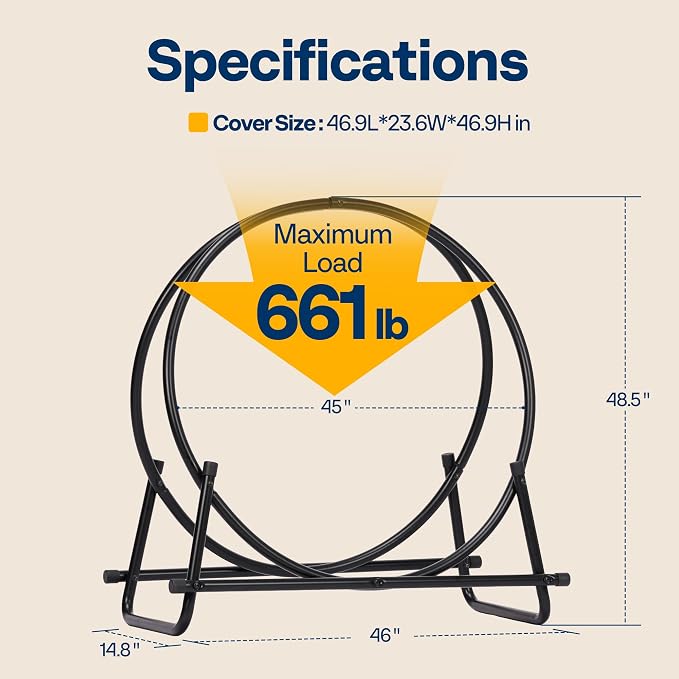 VIVOHOME 48 Inches Firewood Log Rack Hoop with Round Cover, Heavy Duty Solid Steel Fire Wood Storage Rack and Cover Set with Zipper, Round Log Holder Ring for Indoor Outdoor Patio Deck Porch