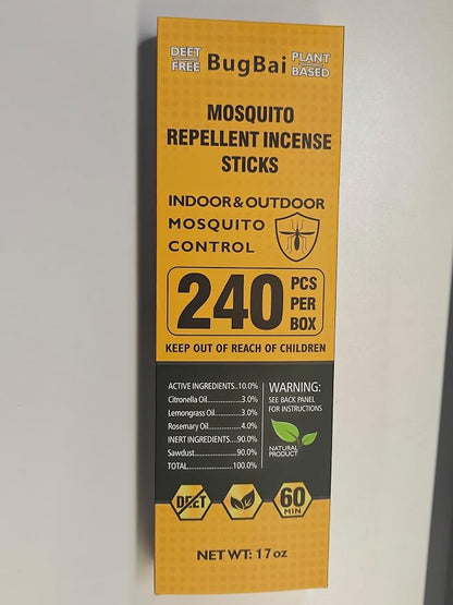 BugBai® Mosquito Repellent Outdoor Patio, 240 PCS Natural Plant-Based Citronella Oil Incense Sticks Indoor Home Pet Family Safe, DEET Free Bug Insect Control Repellent for Yard Garden Camping Fishing