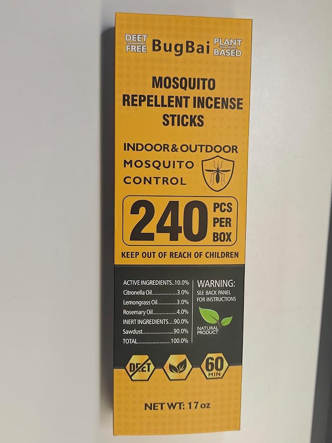 BugBai® Mosquito Repellent Outdoor Patio, 240 PCS Natural Plant-Based Citronella Oil Incense Sticks Indoor Home Pet Family Safe, DEET Free Bug Insect Control Repellent for Yard Garden Camping Fishing