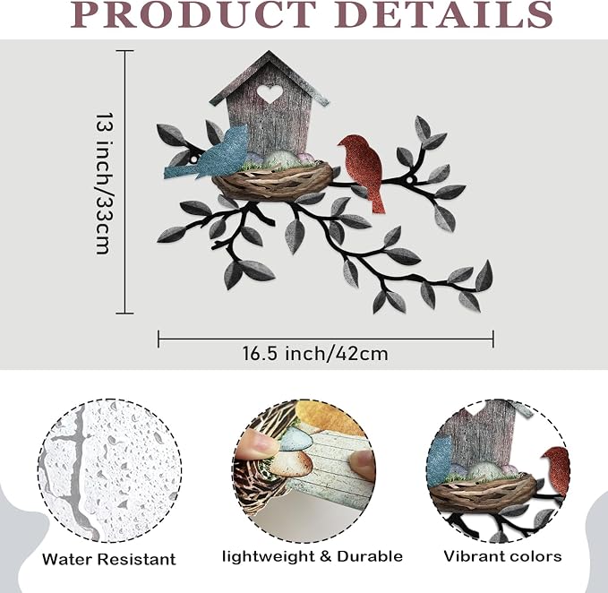 COLOR VALLEY ART-Metal Bird Wall Art Birds on The Branch Wall Decor Leaves with Birds Sculpture Bird Silhouette Metal Ornament Branch Wall Hanging Sign for Balcony Garden Decor (Dark Grey-16.5''x13'')