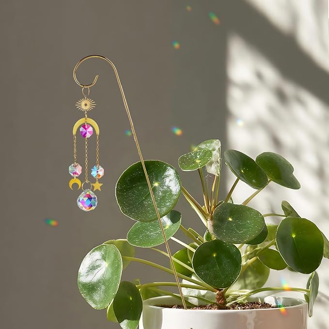 6Pack Small Trellis for Potted Plant Indoor with Crystal Prisms Sun Catcher | 13.5'' Metal Plant Stake Suncatchers for Mini Potted Plant Decoration for Home Window Garden,Gift For Plant Lovers