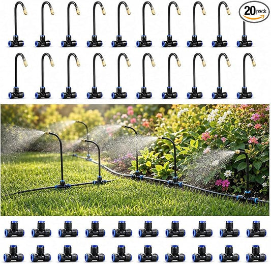 Adjustable Drip Irrigation Nozzles Tee, 20 Pack 8" 360° Bendable Garden Watering Sprayers for 1/4" Tubing, Micro Spray Emitters for Plants, Flower Beds, Greenhouse