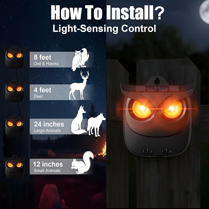 4 Pack Solar Owl Animal Repeller Outdoor for Raccoon, Deer & Squirrel Cat, Night-Only Breathing Mode Light Deterrent, Mini Hanging Predator Scare Device, Waterproof for Garden Yard Tree Shed