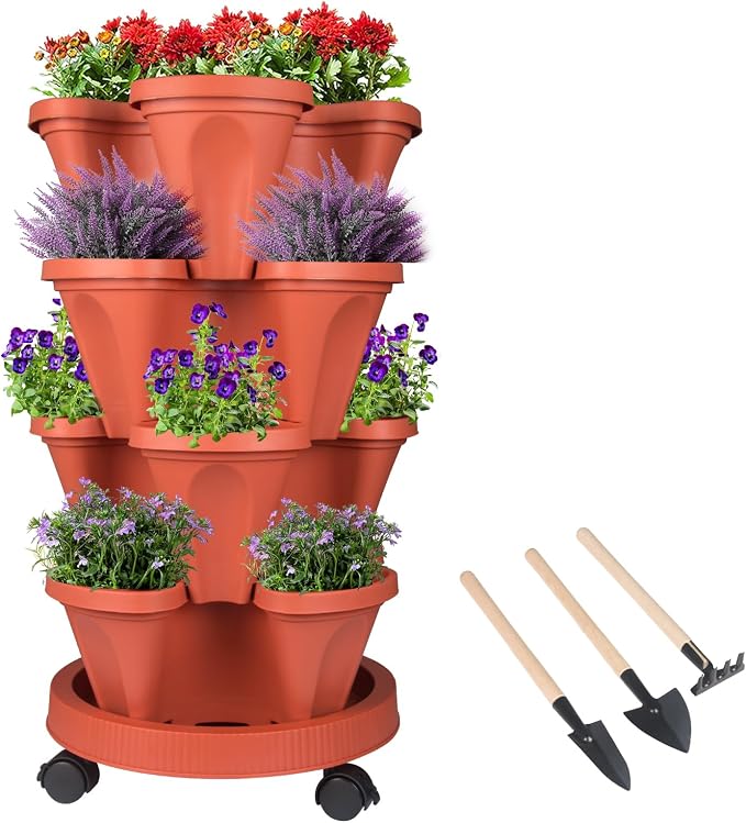 GameXcel Vertical Planter Tower - 4 Tier Stackable Garden Planters with Wheels and Tools Plant Pots for Strawberry Herb Flower and Vegetable Indoor Outdoor Use Red