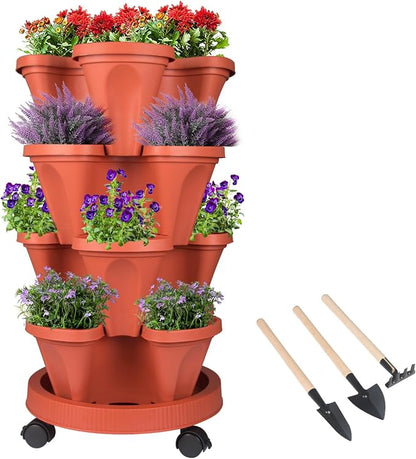 GameXcel Vertical Planter Tower - 4 Tier Stackable Garden Planters with Wheels and Tools Plant Pots for Strawberry Herb Flower and Vegetable Indoor Outdoor Use Red