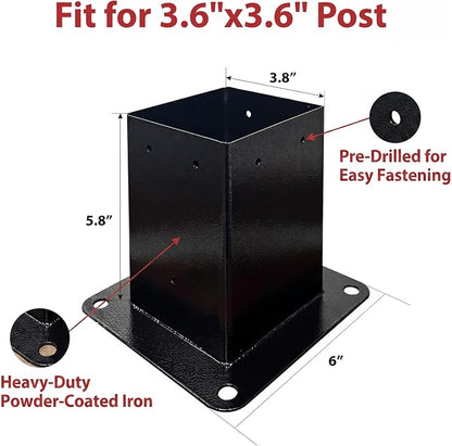 2 Pack 4x4 Post Base with Decorative Cover, Heavy Duty Iron Deck Post Base, 3.6" x 3.6" Inner Size, Black Powder Coated Fence Post Base for Deck, Pergola, Porch Railing, Mailbox, Gazebo