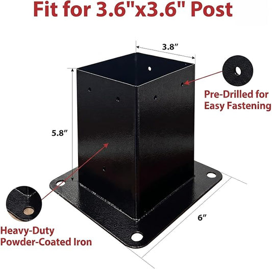 2 Pack 4x4 Post Base with Decorative Cover, Heavy Duty Iron Deck Post Base, 3.6" x 3.6" Inner Size, Black Powder Coated Fence Post Base for Deck, Pergola, Porch Railing, Mailbox, Gazebo