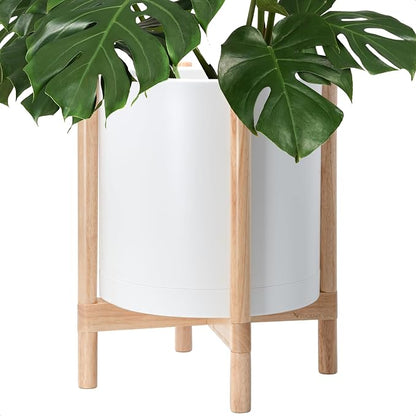 D'vine Dev Plastic Pot with Natural Wood Stand, White, 16 in, 55-C-Y-1 | Mid-Century Inspired Design, Elevated Plant Display, Clean Lines, Sturdy Support, Modern Space-Saving Style