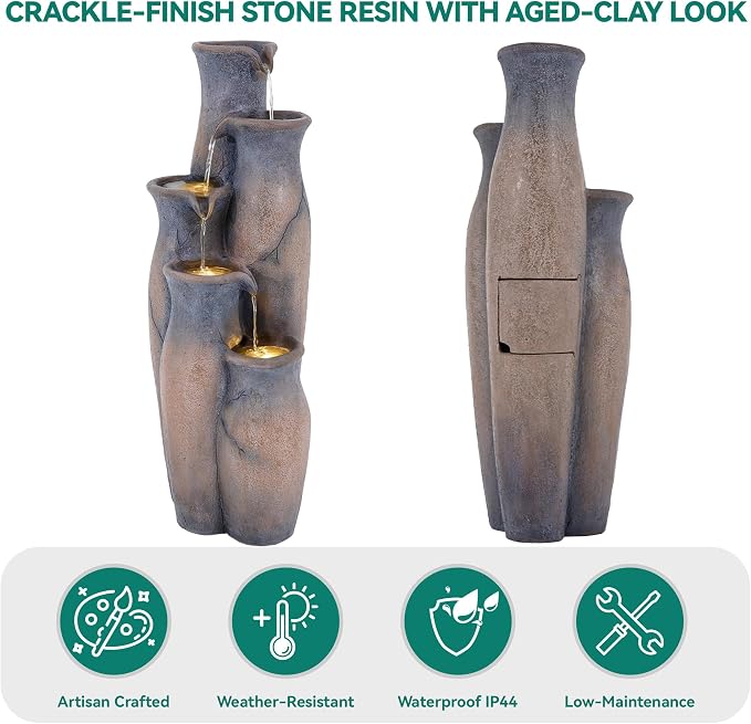 33" H Outdoor Water Fountain with Lights, 5-Tier Faux Terracotta Vase Waterfall, Rustic Cracked Stone Finish Resin Cascading Waterfall Feature with Tranquil Oasis for Garden, Patio, Yard, Porch