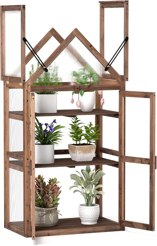 Happygrill Cold Frame, Mini Wooden Green House w/Transparent Openable Roof, Raised Flower Planter Shelf w/3 Adjustable Shelves & Polycarbonate Panels, Small Wood Greenhouse Cabinet for Indoor Outdoors