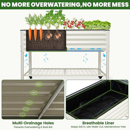 Elevated Raised Garden Bed 2' x 4' - Galvanized Planter Boxes with Legs, Wheels, and Storage Rack, Outdoor Planters for Backyard/Patio/Balcony with Drainage Holes for Vegetables, Flowers, Herbs, White