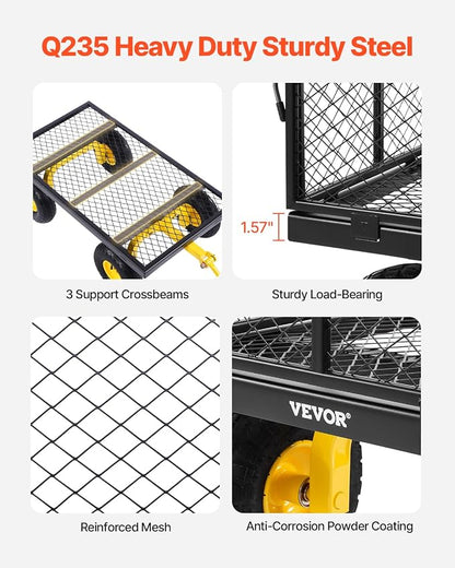 VEVOR Heavy Duty Steel Garden Cart 900 lbs Garden Wagon Cart on Wheels | Outdoor Metal Yard Utility Wagon with 10" Tires, Mesh Detachable Sides (Convert to Flatbed) and 180° Rotating Handle