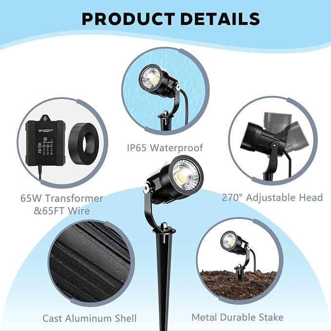 Low Voltage Landscape Lighting Kit, 8 Pack 5W LED Spotlight, 550LM IP65 Waterproof Outdoor Lights with Timer Function Transformer, 65FT Cable 2700K for Garden Yard Path