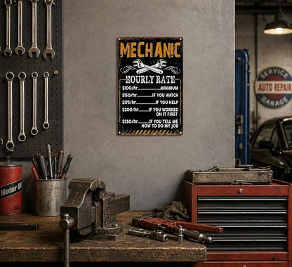 Mechanic Hourly Rate Funny Metal Sign, Vintage Garage Wall Decor, Retro Wrench Mechanic Themed Plaque for Man Cave Workshop Auto Shop Car Enthusiast Decor 8x12 Inch