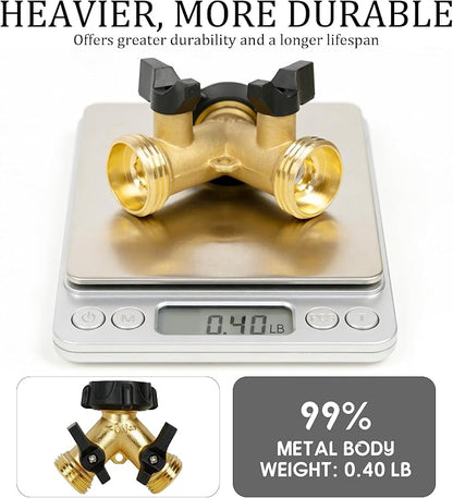 Hourleey 2 Pack Brass Garden Hose Splitter 2 Way, 3/4 Inch Hose Connector Tap Splitter, Hose Y Splitter, Hose Spigot Adapter 2 Valves with 4 Extra Rubber Washers