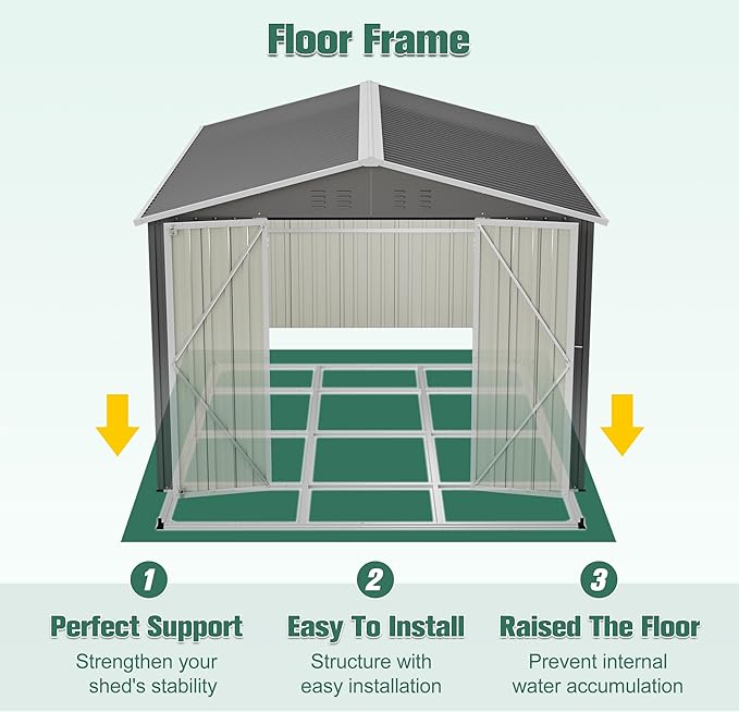 YOPTO 8x12 FT Large Outdoor Storage Shed with Lockable Doors & Floor Base,Weather-Resistant Metal Tool Shed for Garden, Backyard,Patio,Lawn,Gray