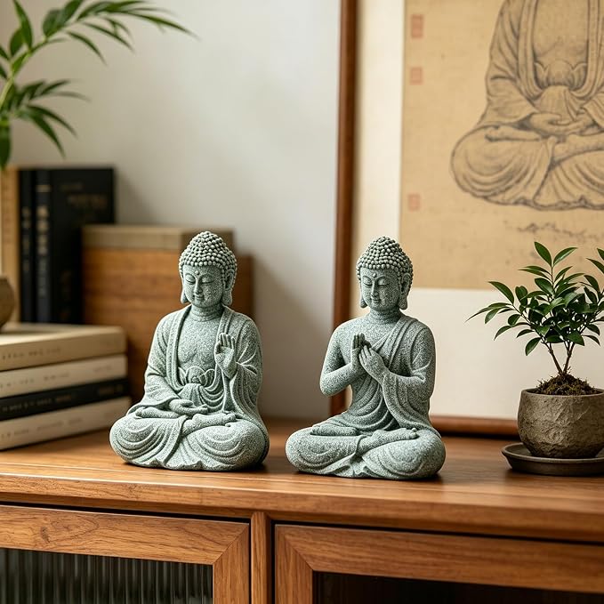 VIKKSAER 2Pcs Sandstone Buddha Statue Decorations for Asian Garden Underwater Landscaping Home Zen Decor, Small Meditating Sandstone Buddha Statues, Gifts for Friends, Family as Home Decorations