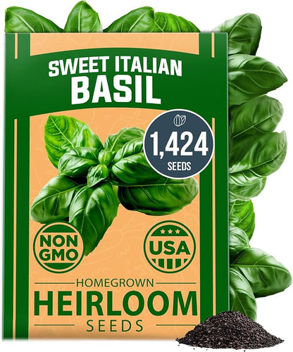 HOME GROWN Non GMO Italian Basil Seeds Bulk Pack 1,424 Sweet Large Leaf Basil Seeds for Planting and Heirloom Herb Seeds for Planting Indoors or Outdoors (Ocimum basilicum)