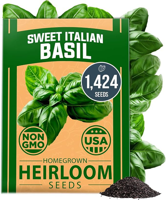 HOME GROWN Non GMO Italian Basil Seeds Bulk Pack 1,424 Sweet Large Leaf Basil Seeds for Planting and Heirloom Herb Seeds for Planting Indoors or Outdoors (Ocimum basilicum)