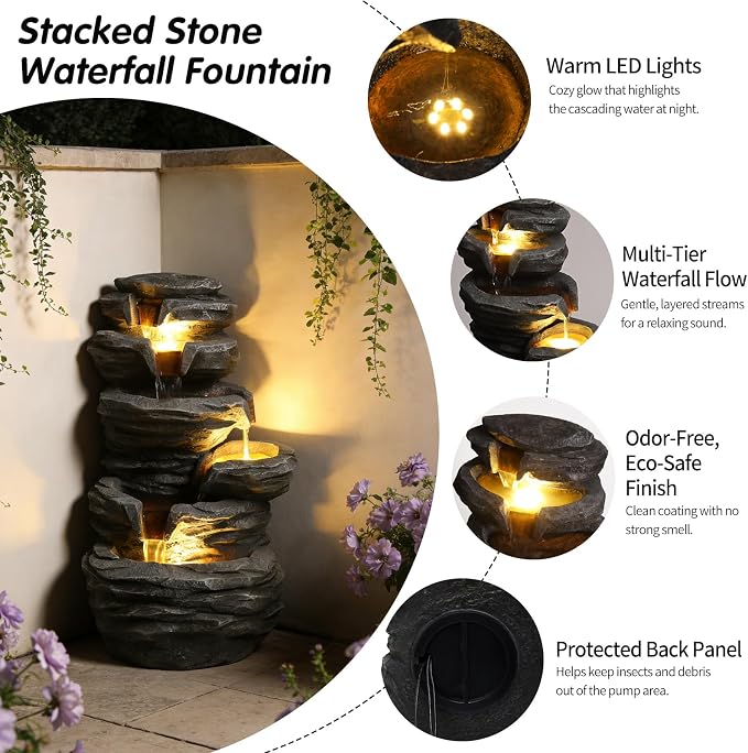 25.6" Outdoor Waterfall Fountain,Small Outdoor Fountain with LED Lights, Cascading Rock Design Garden Water Feature, freestanding Resin Fountain for Patio Backyard Porch Decor