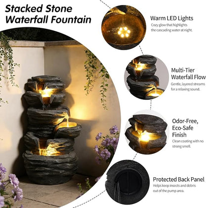 25.6" Outdoor Waterfall Fountain,Small Outdoor Fountain with LED Lights, Cascading Rock Design Garden Water Feature, freestanding Resin Fountain for Patio Backyard Porch Decor