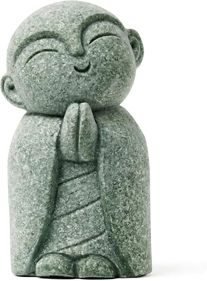 Jizo Statue, Little Monk Buddha Figurines for Zen Garden and Aquarium, Natural Sandstone Sculpture with Tilt Smile, Meditation Decor for Home Office Desk, Grey (Jizo Monk)