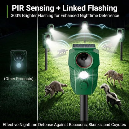 4 Pack Solar Ultrasonic Animal Repellent, 2.4GHz Wireless Synchronized Mesh Linked System, Deer Repellent Devices Motion Activated Cat & Raccoon Deterrent for Yard Garden, IP65 Waterproof LED Light