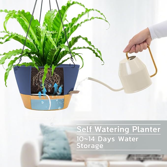 ZMTECH 12 Inch Hanging Planters for Indoor, 2 Pack Large Plant Pot with Visible Water Level and Chain, Self Watering Hanging Flower Pot for Outdoor Garden Porch(Blue)