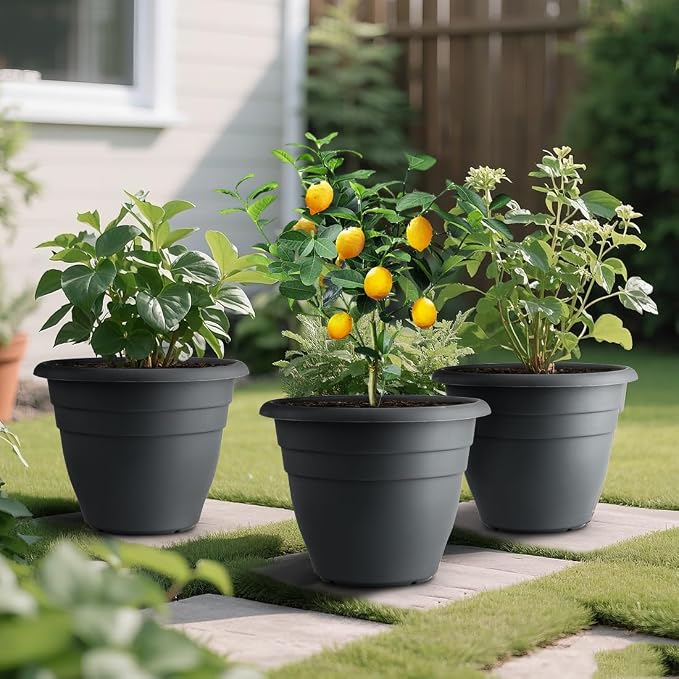 RooTrimmer 12 Inch Plant Pots, Large Planters for Outdoor Plants, Plastic Flower Pots - Durable and Lightweight with Drainage Holes (3 Packs, Gray)