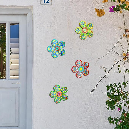 Giyyomtr Metal Flowers Wall Decor - 4pcs Metal Flower Wall Art Hanging Decorations for Outdoor Fence Garden Yard Patio Decor