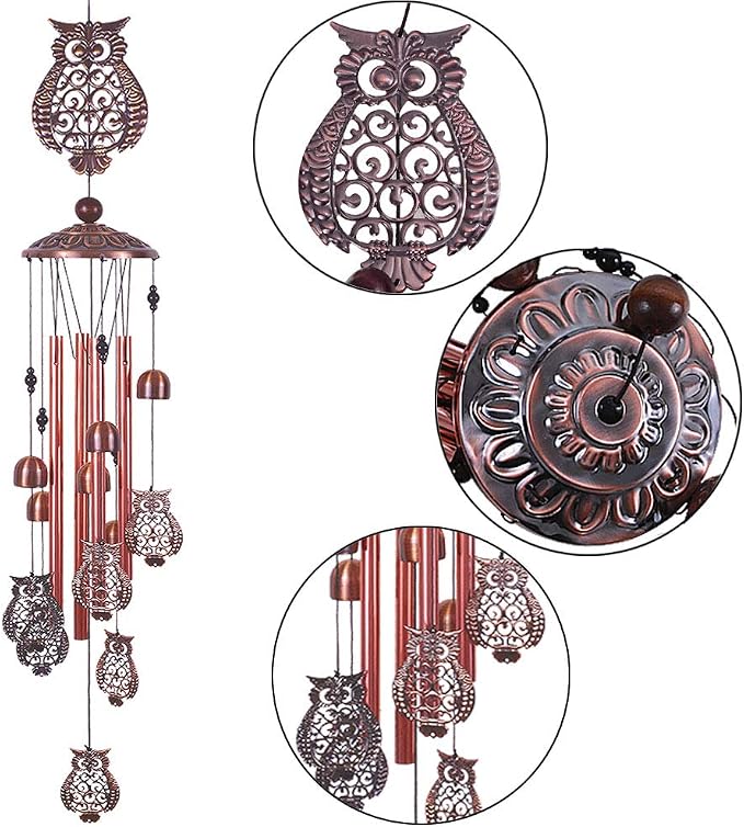 Owl Wind Chimes Outdoor Indoor Decor -with 4 Aluminum Tubes 6 Bells 7 Owls 37Inch Waterproof Mobile Romantic Wind Catcher Owl Windchimes for Home, Xmas Mom Gifts, Balcony, Festival, Garden Decoration