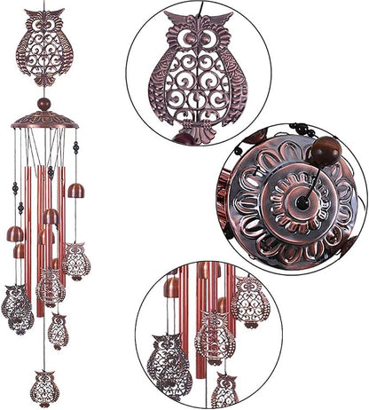 Owl Wind Chimes Outdoor Indoor Decor -with 4 Aluminum Tubes 6 Bells 7 Owls 37Inch Waterproof Mobile Romantic Wind Catcher Owl Windchimes for Home, Xmas Mom Gifts, Balcony, Festival, Garden Decoration