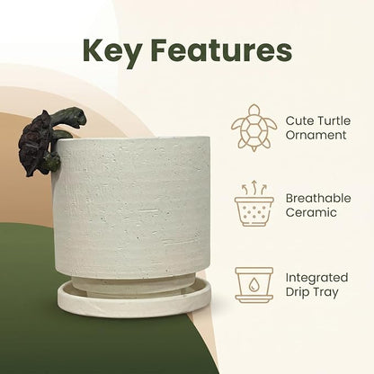 Nihow Ceramic Plant Pot with Resin Figure/Drainage Hole & Saucer,5.7 Inch | White, Cylinder Planters, Art Modem Design, Home Garden Patio Office