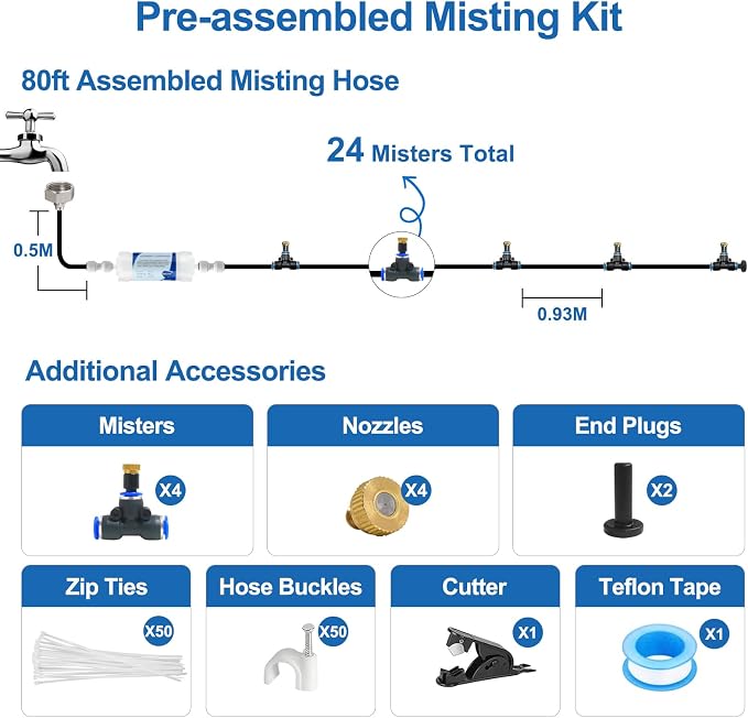 POCKET PANDA Pre-Assembled Misters for Outside Patio,80FT|24M.Outdoor Misting Cooling System, Backyard Mist Kit for Garden,Greenhouse,Deck,Umbrella,Canopy,Pool,Porch,Trampoline,Park BBQ Party