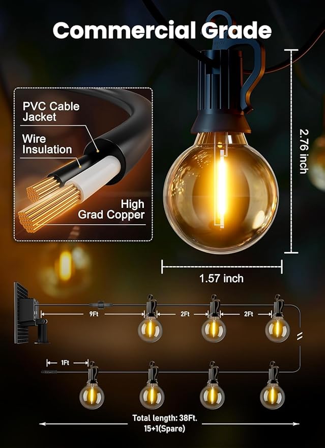 Brightown 38FT 16LED Solar String Lights Outdoor with USB Port, Shatterproof Bulbs, 3 Modes, Patio Lights Solar Powered for Camping Backyard Garden Decor - Last for 20+Hrs
