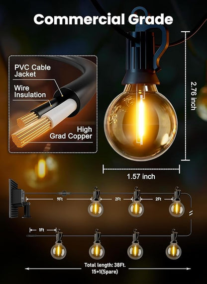 Brightown 38FT 16LED Solar String Lights Outdoor with USB Port, Shatterproof Bulbs, 3 Modes, Patio Lights Solar Powered for Camping Backyard Garden Decor - Last for 20+Hrs