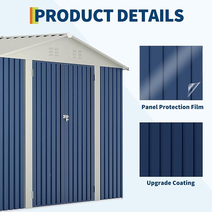 Garvee 10x10 FT Metal Storage Shed – Lockable Doors, Floor Frame, Blue | Spacious 10x10 interior – stores bikes, tools, and more.