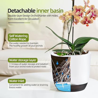 7.2Inch White Orchid Pots with Holes for Repotting, Double-Layer Plastic Self Watering Flower Pots for Indoor Plants with Drainage Holes, Clear Orchid Pot Match Decorative Orchid Container, 1 Pack